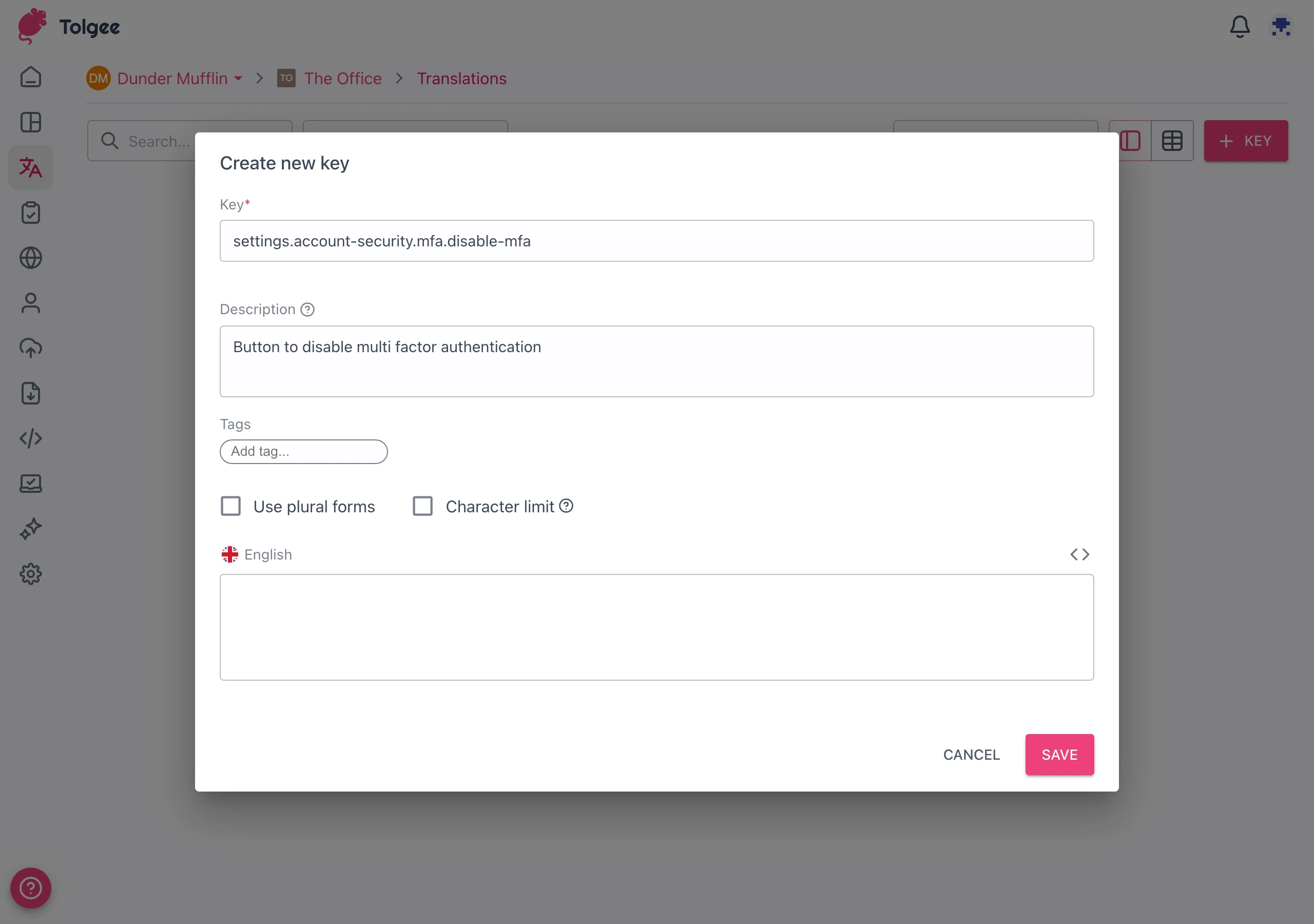 Create key form